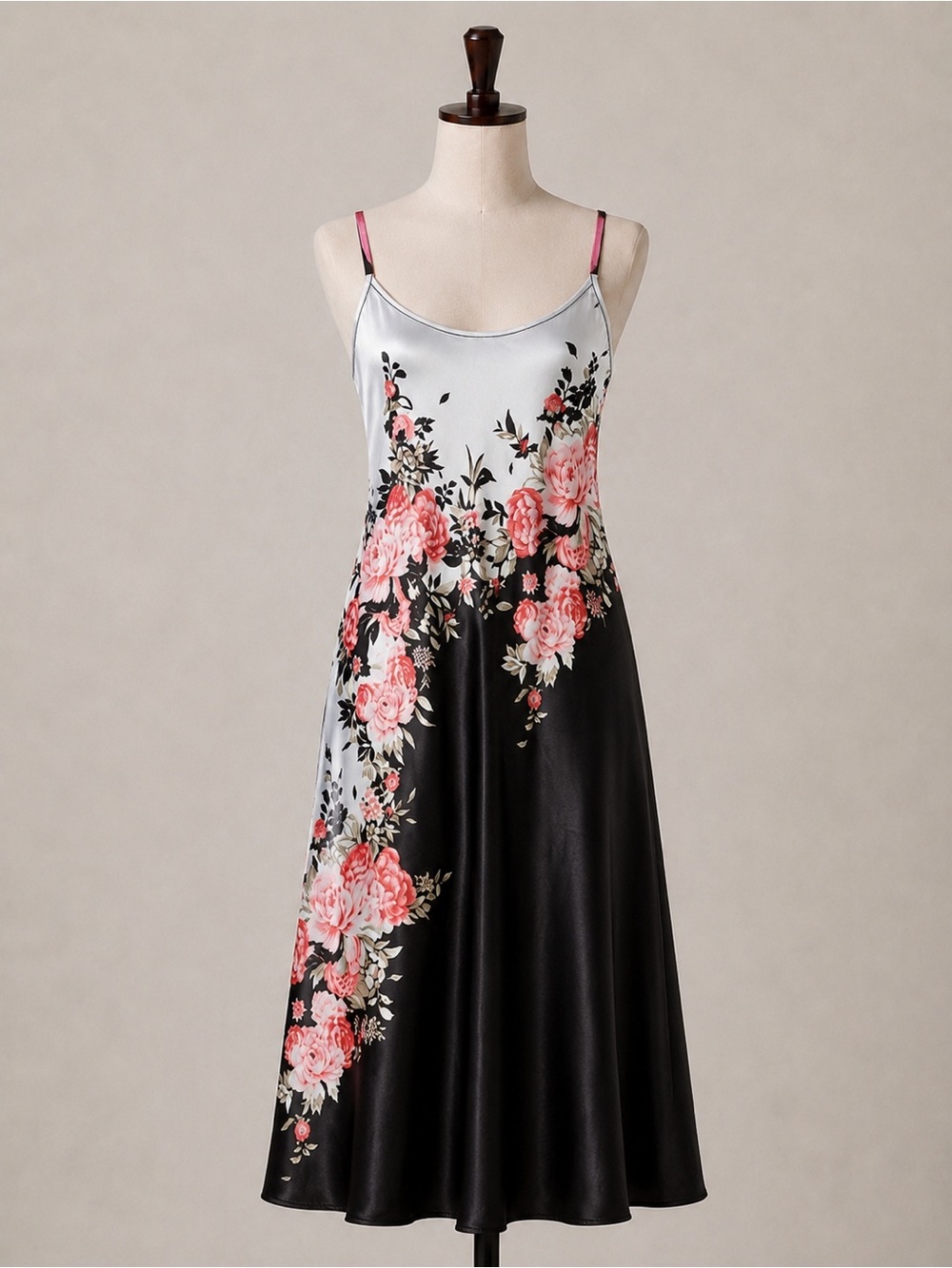 Flora Nikrooz Floral Satin Chemise Slip Dress - Black & White with Pink Roses
